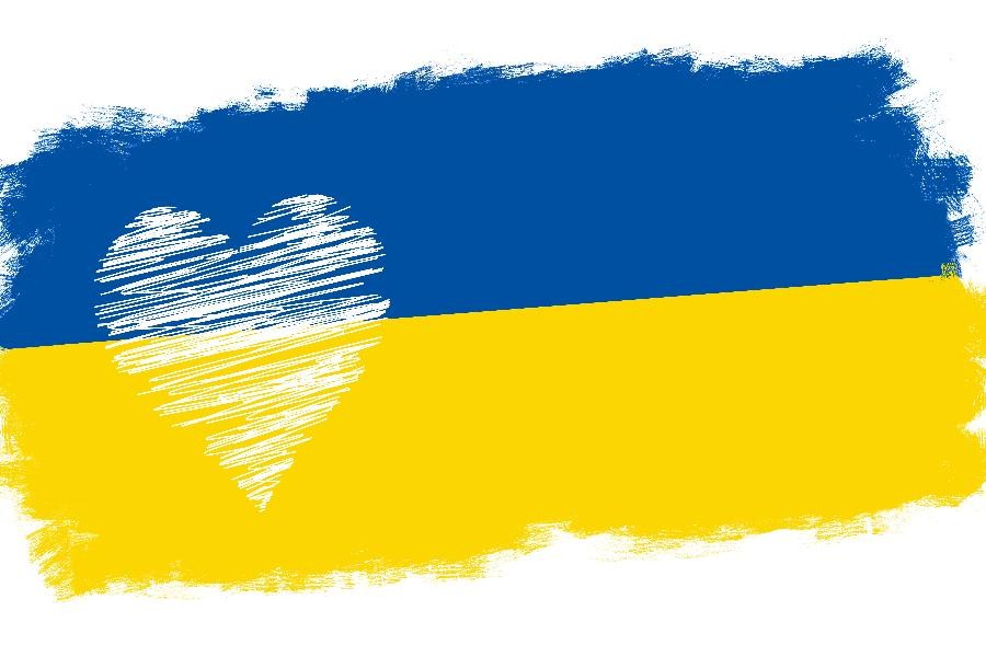 Symbol ukrainische Flagge blauer Streifen, darunter gelber Streifen und über beidem ein weißes Herz.                     