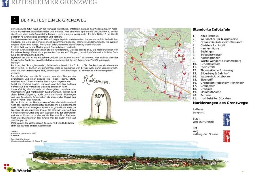 Infotafel 1 des Grenzwegs Rutesheim mit Übersichtskarte der Standorte.                  