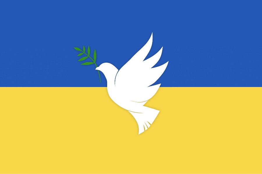 Symbol ukrainische blau-gelbe Flagge mit weißer Friedenstaube in der Mitte.