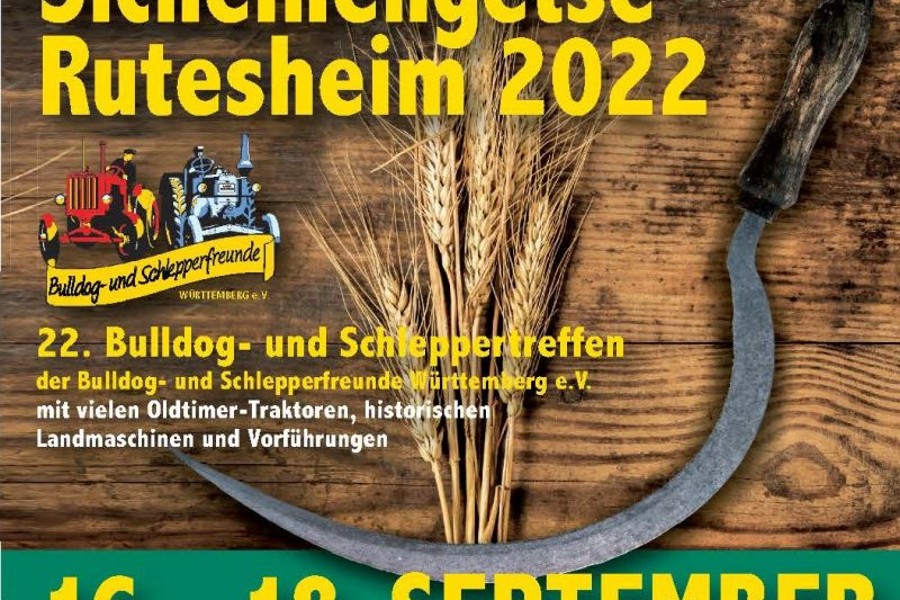 Plakat Sichelhengetse Hintergrund braunes Holz, Ähren und eine Sichel.