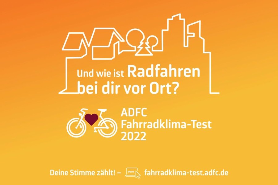 Orangefarbenes Logo mit weißer Schrift und dem Text: Und wie ist Radfahren bei dir vor Ort? ADFC Fahrradklima-Test 2022.                     