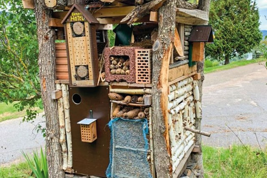 Zu sehen ist ein aus Holz, Stein, Tontöpfen und anderen Materialien gebautes Insektenhotel.