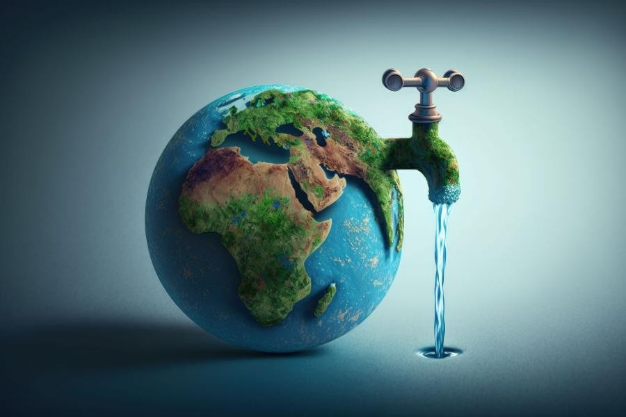 Symbol Weltkugel mit Wasserhahn.