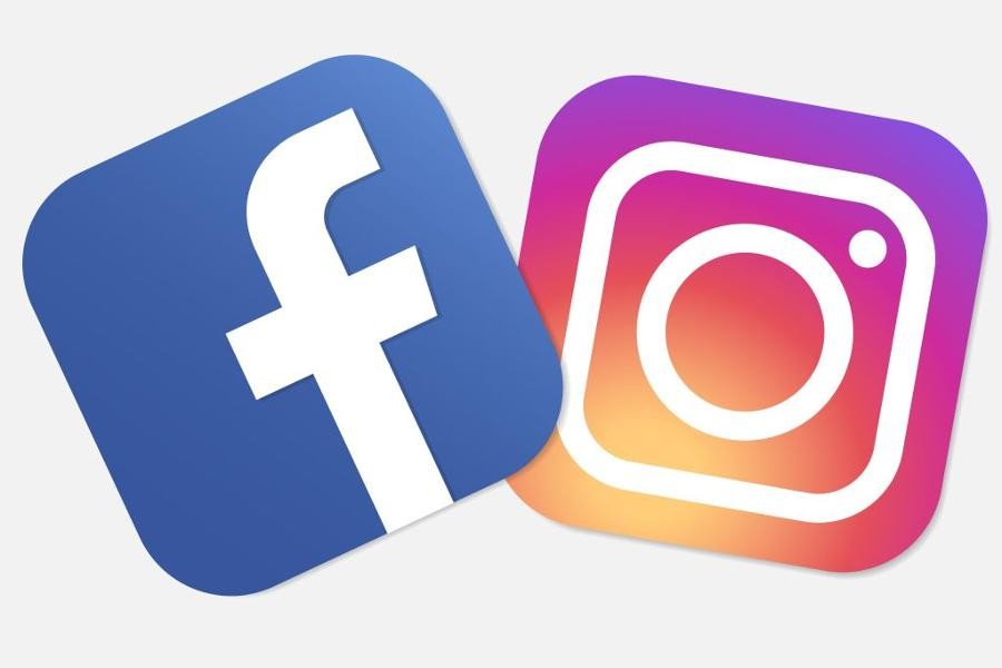 Blau-weißes eckiges Symbol für Facebook und lila-orange-weißes eckiges Symbol für Instagram.