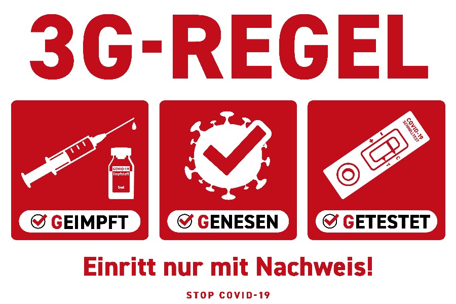 Rote Symbol für 3 G-Regel: Für geimpft Spritze - für genesen Corona-Virus - für getestet Teststreifen                 