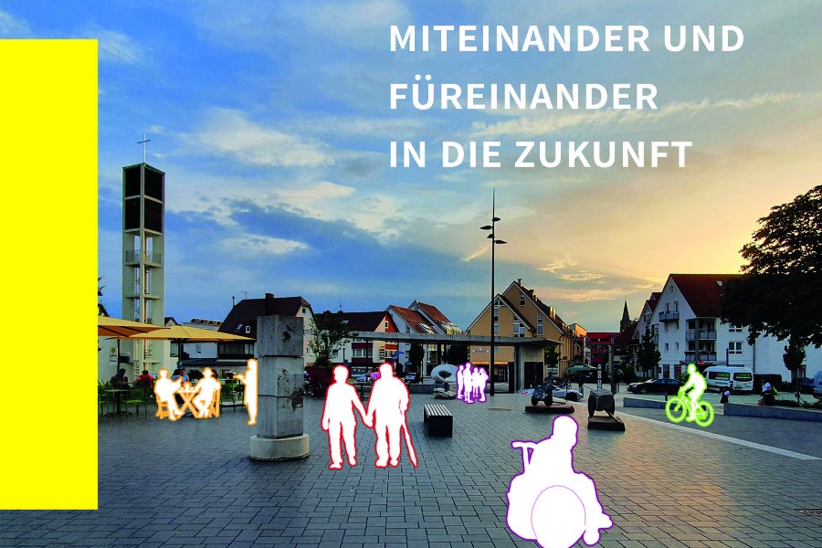 Deckblatt des STEP Rutesheim: Zu sehen ist der Platz vor dem Neuen Rathaus mit Blick auf die Kath. Kirche sowie einige Gebäude mit fiktiven weißen Personen. Radfahrer. Fußgänger. Rollstuhlfahrer.                               