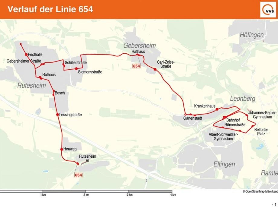 Streckenplan Buslinie 654 Streckenplan der Busverbindung 654.