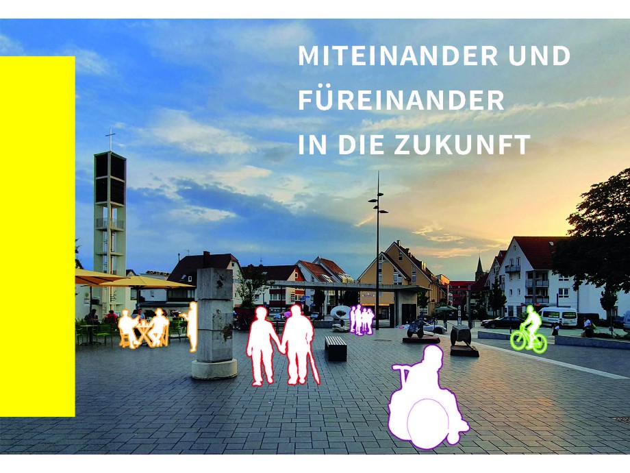Ansicht Marktplatz Neues Rathaus mit visuellen weißen Personen Rollstuhlfahrer, Radfahrer, Fußgänger.                