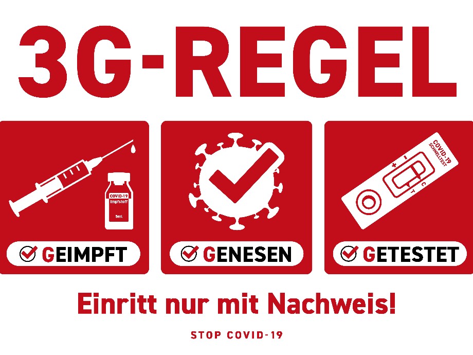 Rote Symbol für 3 G-Regel: Für geimpft Spritze - für genesen Corona-Virus - für getestet Teststreifen                 