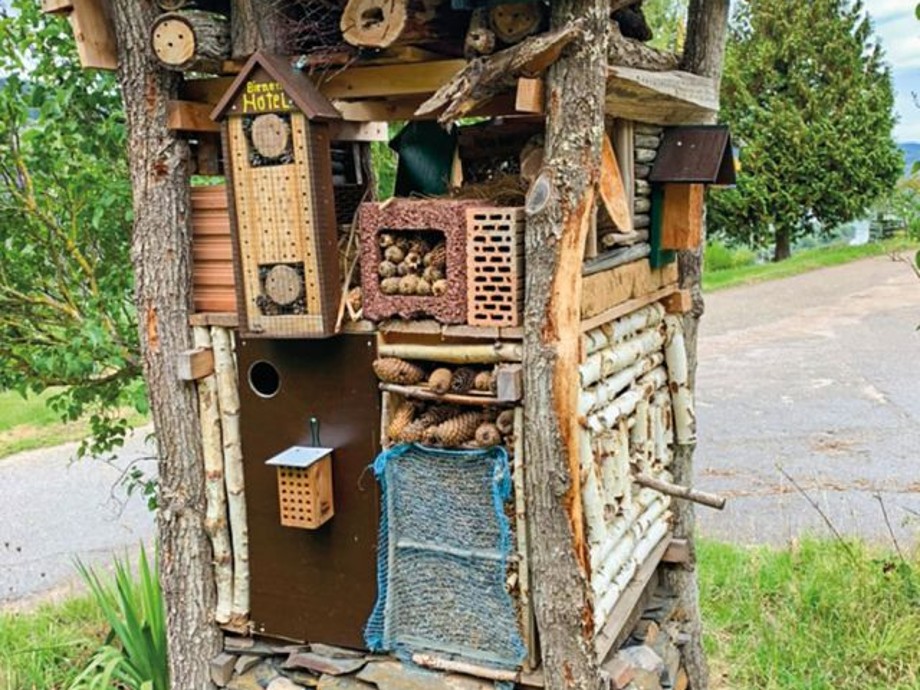 Zu sehen ist ein aus Holz, Stein, Tontöpfen und anderen Materialien gebautes Insektenhotel.