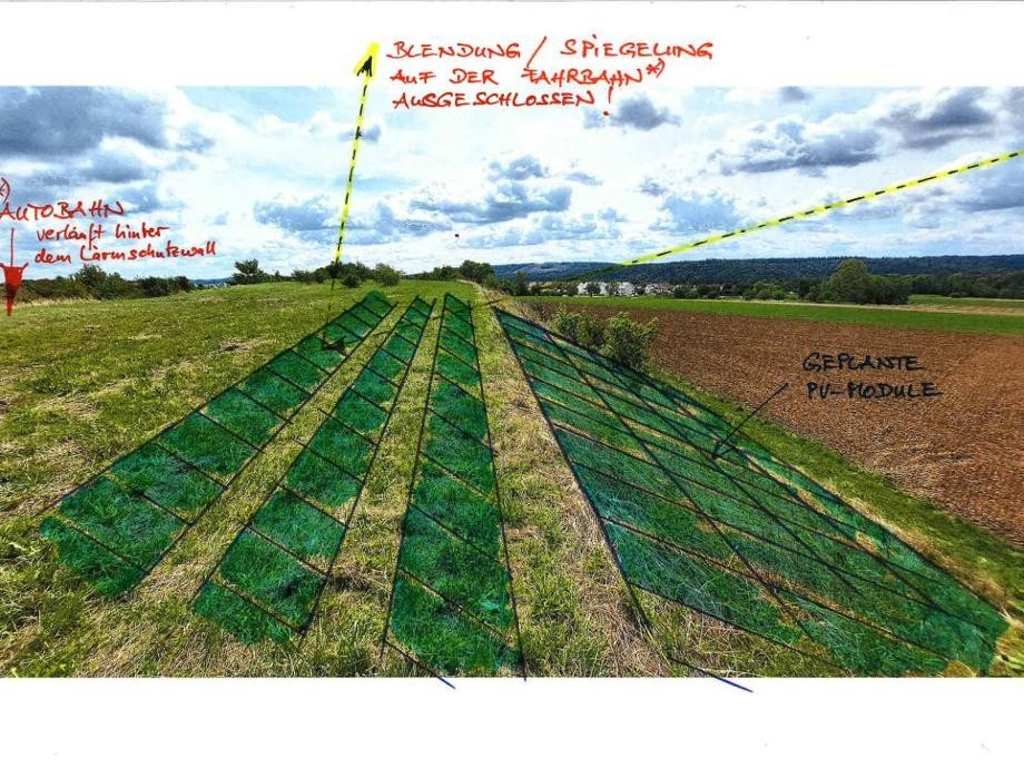 Farbige Zeichnung Wiesen und Felder, in die die Photovoltaikmodule grün eingezeichnet sind.