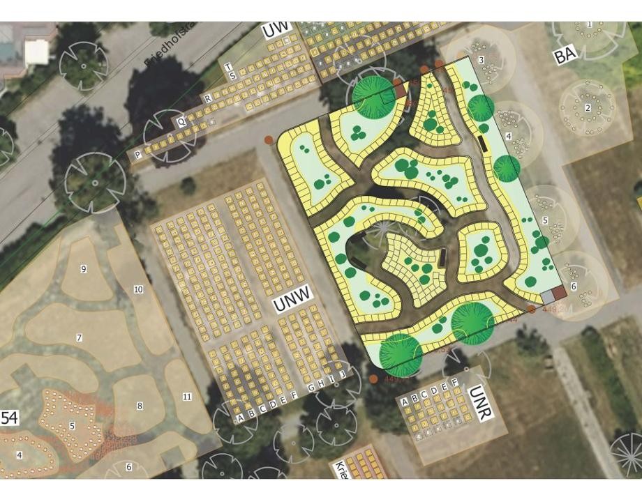 Blick von oben auf einen Plan, der das neue Urnengrabfeld mit grünen Markierungen zeigt.