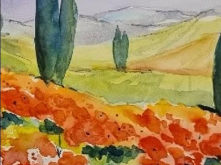 Aquarell Malblockhütte Zu sehen ist ein farbenfrohes Aquarell mit Blumenwiese, Hügeln und Zypressen.