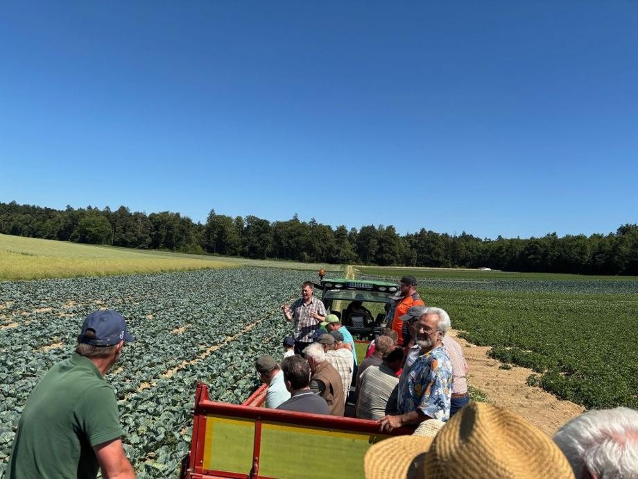 Felderrundfahrt 2025 Teilnehmerinnen und Teilnehmer der Felderrundfahrt sitzen auf Traktoranhängern und werden über die Felder gefahren.