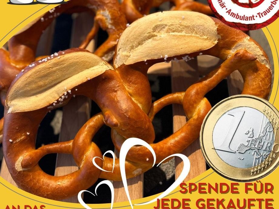 Hospiz-Brezel Gelbes Plakat mit einer Hospizbrezel und einem symbolischen 1 Euro Geldstück.