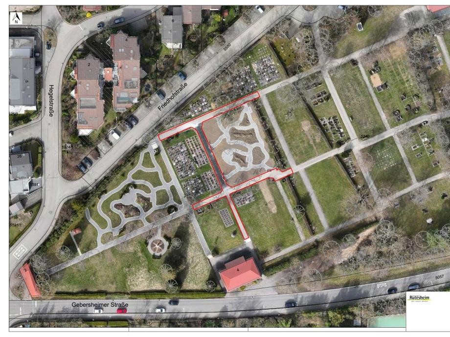 Friedhof Rutesheim Lageplan mit eingezeichneten Wegen des Friedhofs Rutesheim.
