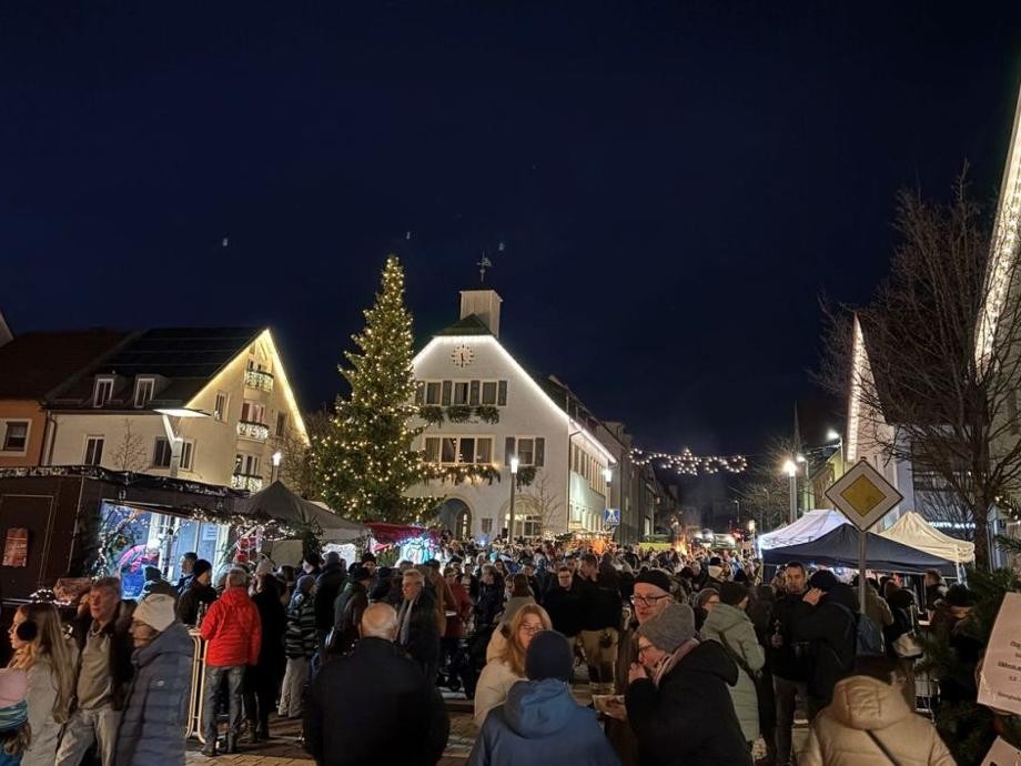 29. Rutesheimer Adventsmarkt 2025 Viele beleuchtete Stände, ein beleuchteter Tannenbaum und viele Menschen.