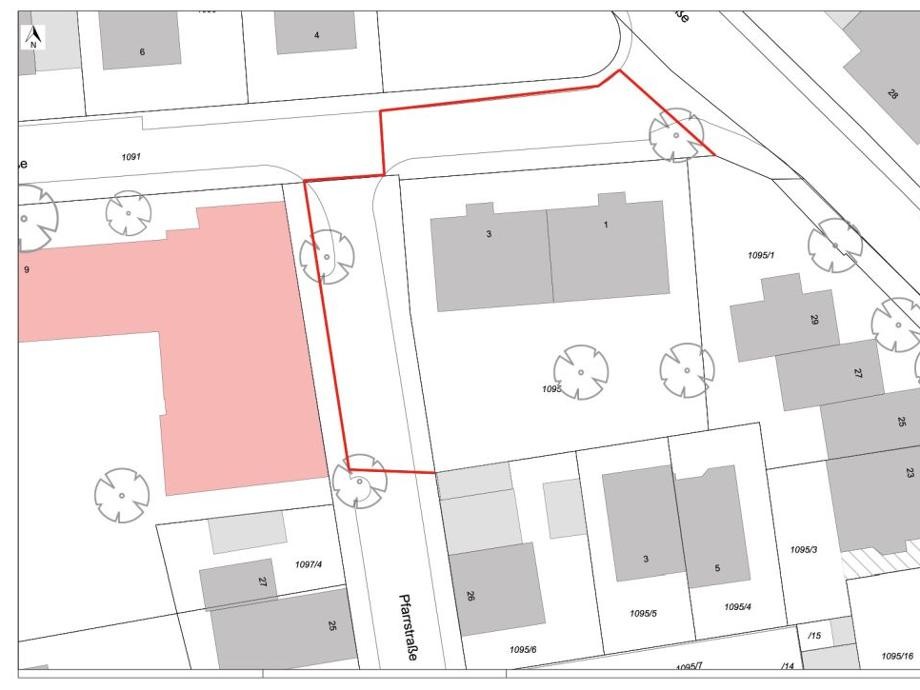 Sperrung Pfarr-/Hindenburgstraße Ausschnitt eines Plans, der Straßen und Gebäude darstellt.