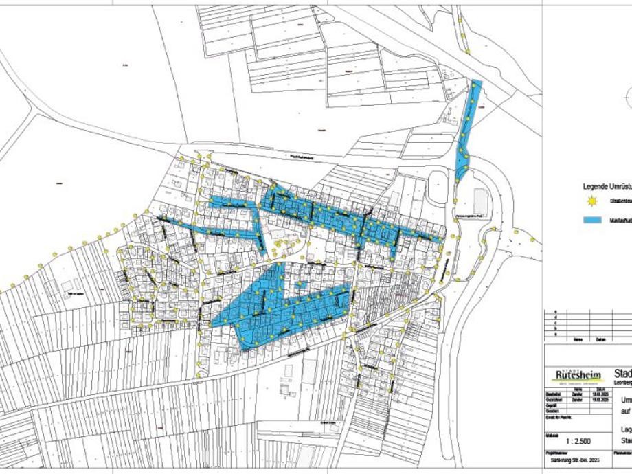 Straßenbeleuchtung LED Perouse Übersichtsplan mit blauen und gelben Markierungen der Straßenbeleuchtung in Perouse.