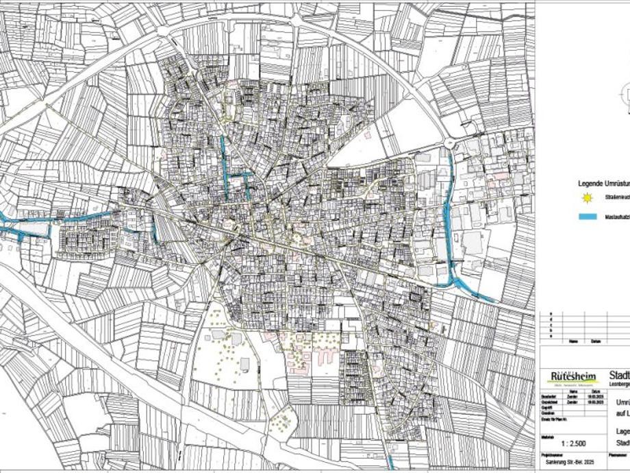 Straßenbeleuchtung LED Rutesheim Übersichtsplan mit blauen und gelben Markierungen der Straßenbeleuchtung in Rutesheim.