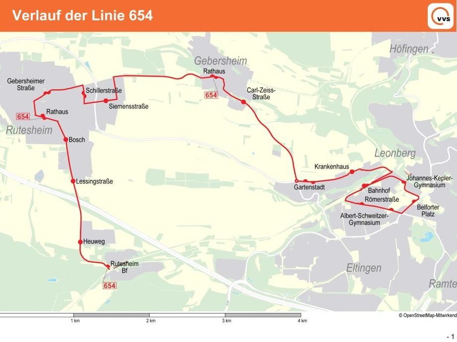 Linienführung Linie 654 Auszug eines Fahrplans des VVS mit eingezeichneter roter Linienführung der Busverbindung.