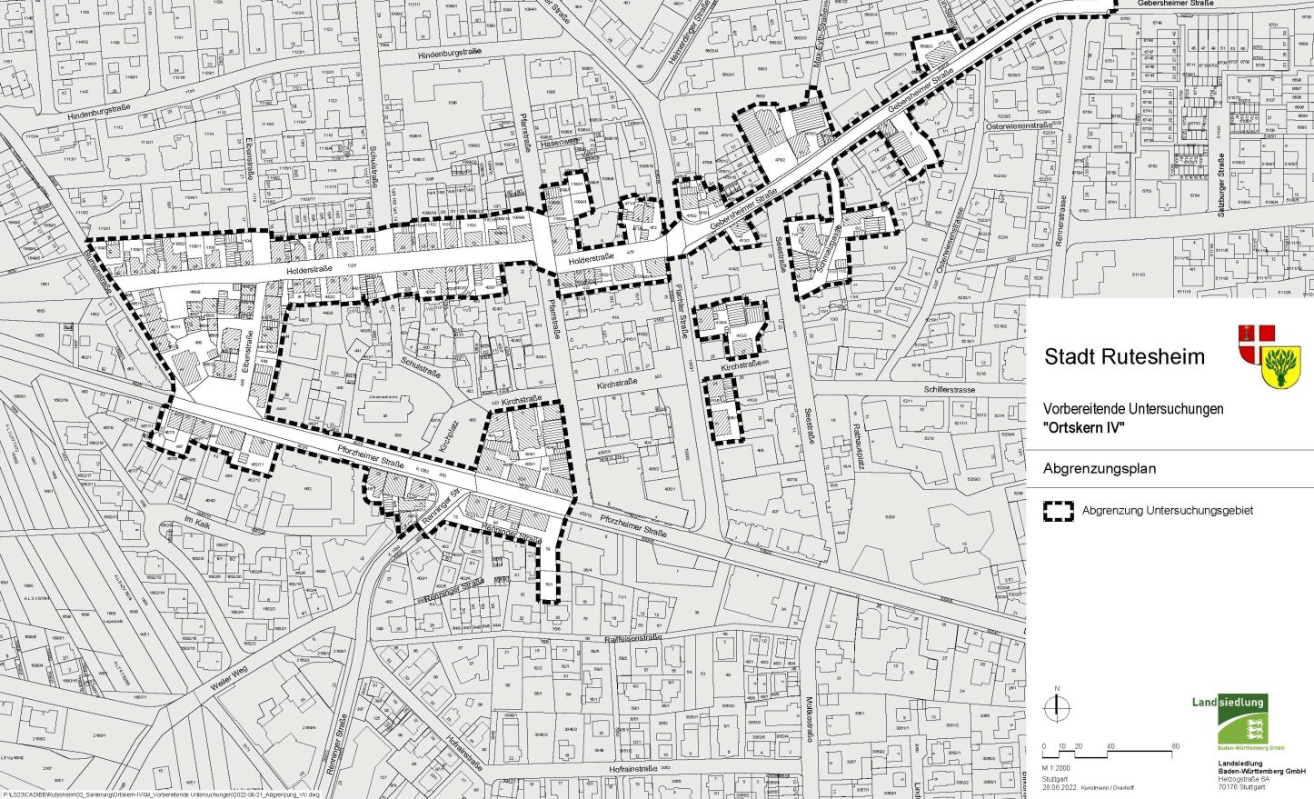 Auszugs eines Stadtplans von Rutesheim mit den eingezeichneten Abgrenzungen der Ortskernsanierung IV.