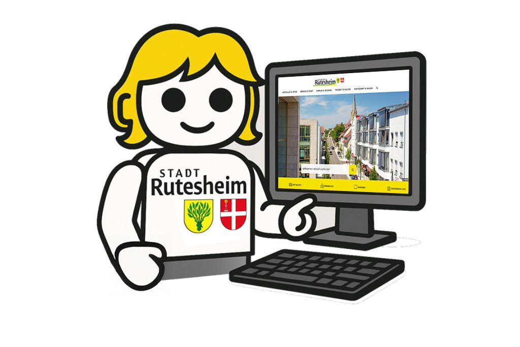 KI-Chatbot Ruth mit gelben Haaren lächelt, zeigt auf einen PC mit Tastatur und hat auf dem Bauch den Text Stadt Rutesheim sowie das gelb grüne Wappen von Rutesheim und das rote Wappen von Perouse.                