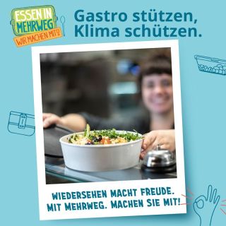 Plakat Gastro stützen, Klima schützen. Person, die eine Einweg-Bowl mit Salat auf einer Theke abstellt.                