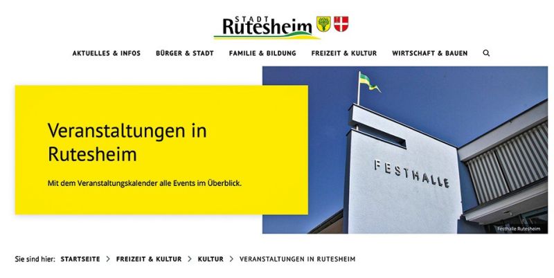 Auszug aus der Homepage der Stadt Rutesheim Rubrik Veranstaltungen mit Foto der Festhalle.                  