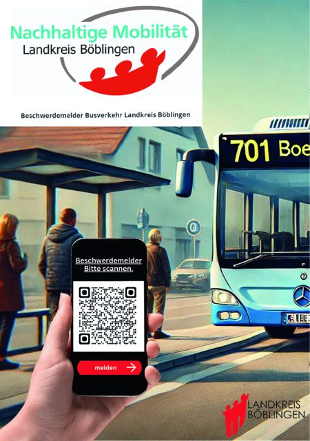 Plakat des Landkreises Böblingen mit einem Bus, Personen und eine Hand mit einem Handy auf dessen Display ein QR-Code angezeigt wird.                         