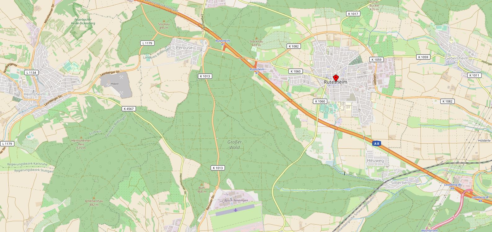 Zu sehen ist ein Landkartenausschnitt aus OpenStreet Map von Rutesheim mit den Ortsteilen Perouse und Heuweg.                 