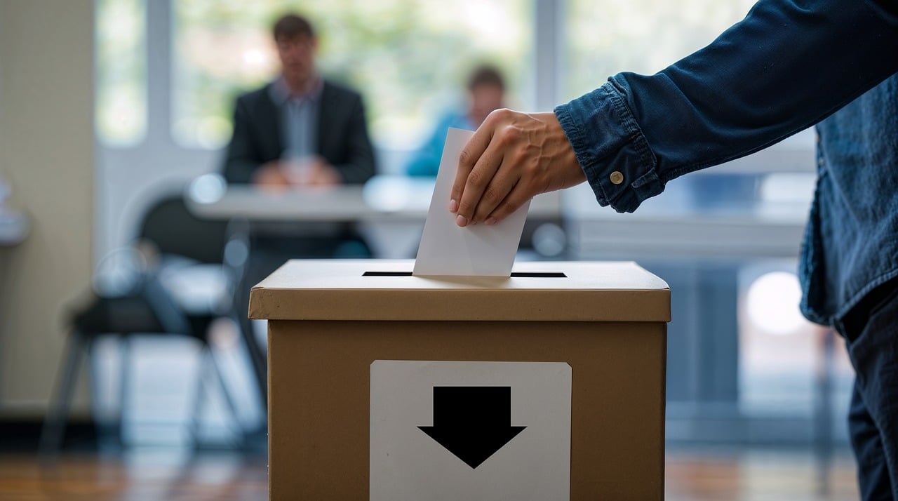 Eine Person wirft einen Stimmzettel in eine Wahlurne und im Hintergrund sitzen zwei Personen an einem Tisch.