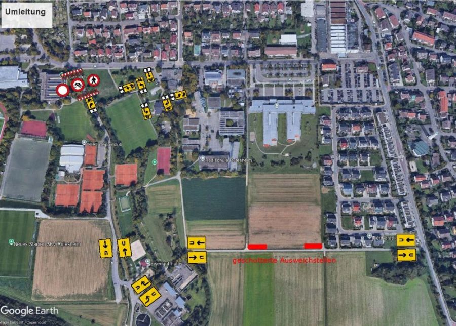 Übersichtskarte mit Blick von oben und eingezeichneten gelben Markierungen zur Umleitung.